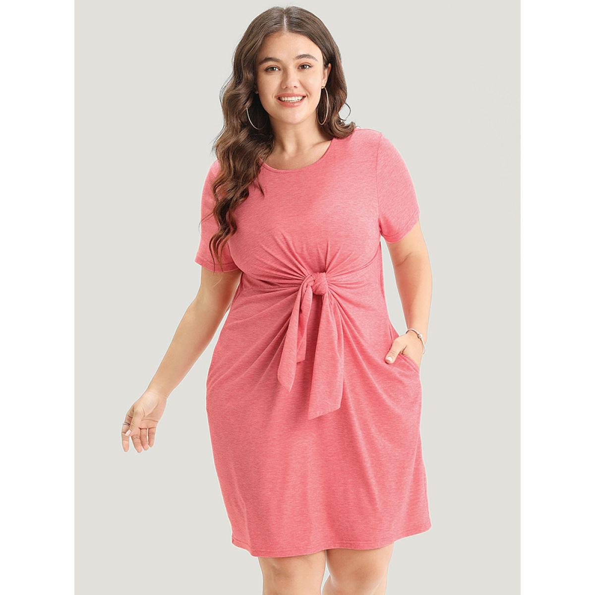 Plus Size Solid Round Neck Pocket Knot Front Knee Dress Watermelon Women Casual Plain Round Neck Short sleeve Curvy Knee Dress BloomChic 26/4X Product Image
