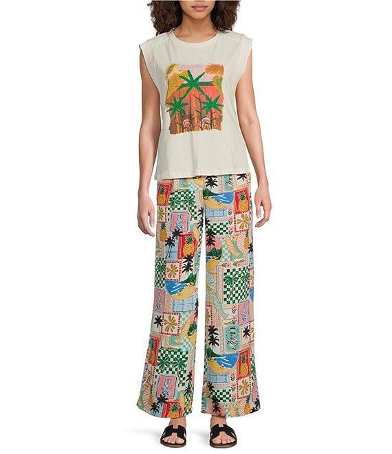 Skies Are Blue Tropical Palm Printed Crew Neck Sleeveless Graphic Tee Product Image