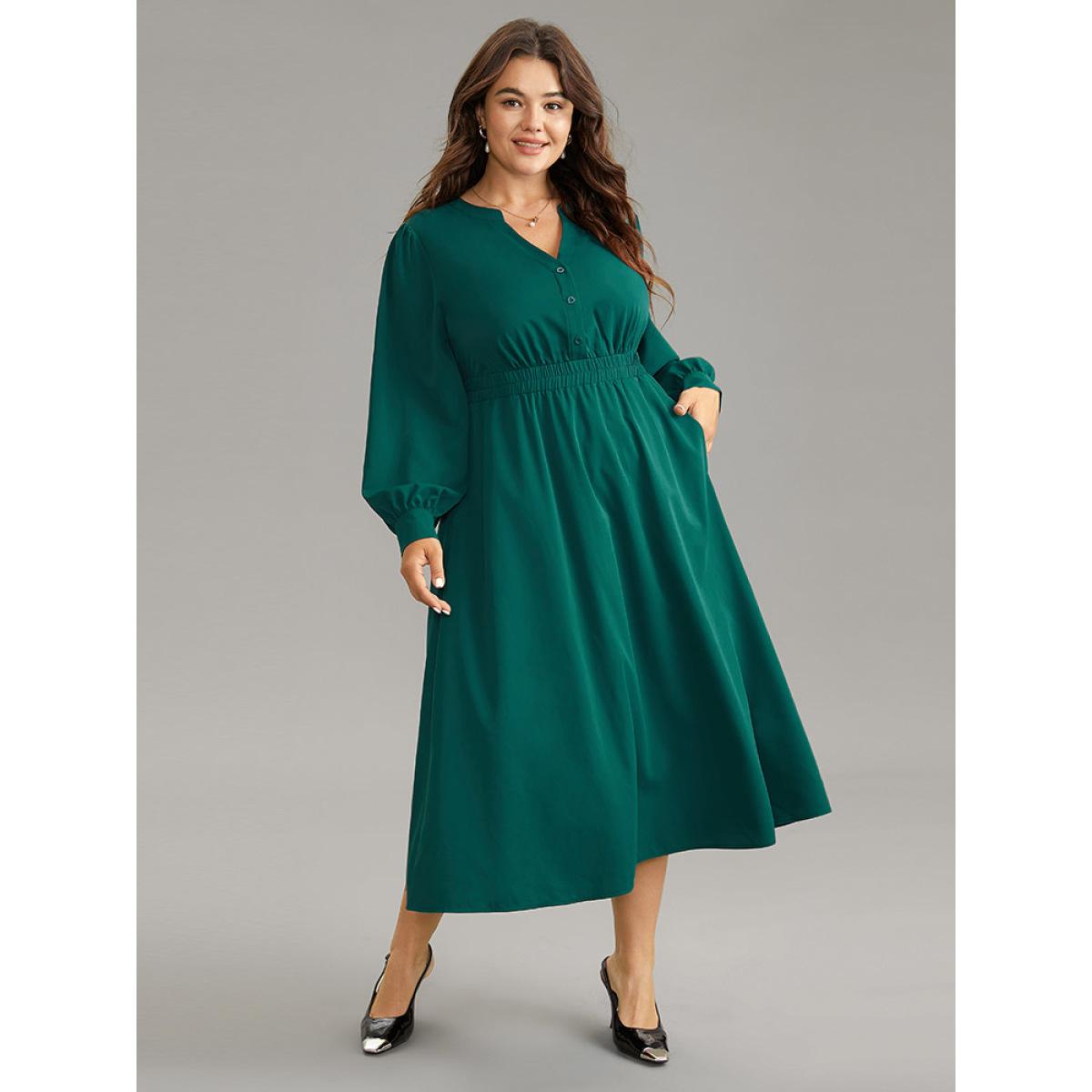 Plus Size Anti-Wrinkle Shirred Gathered Notched Dress Teal Women Office Plain Notched collar Long Sleeve Curvy Midi Dress BloomChic 14-16/1X Product Image