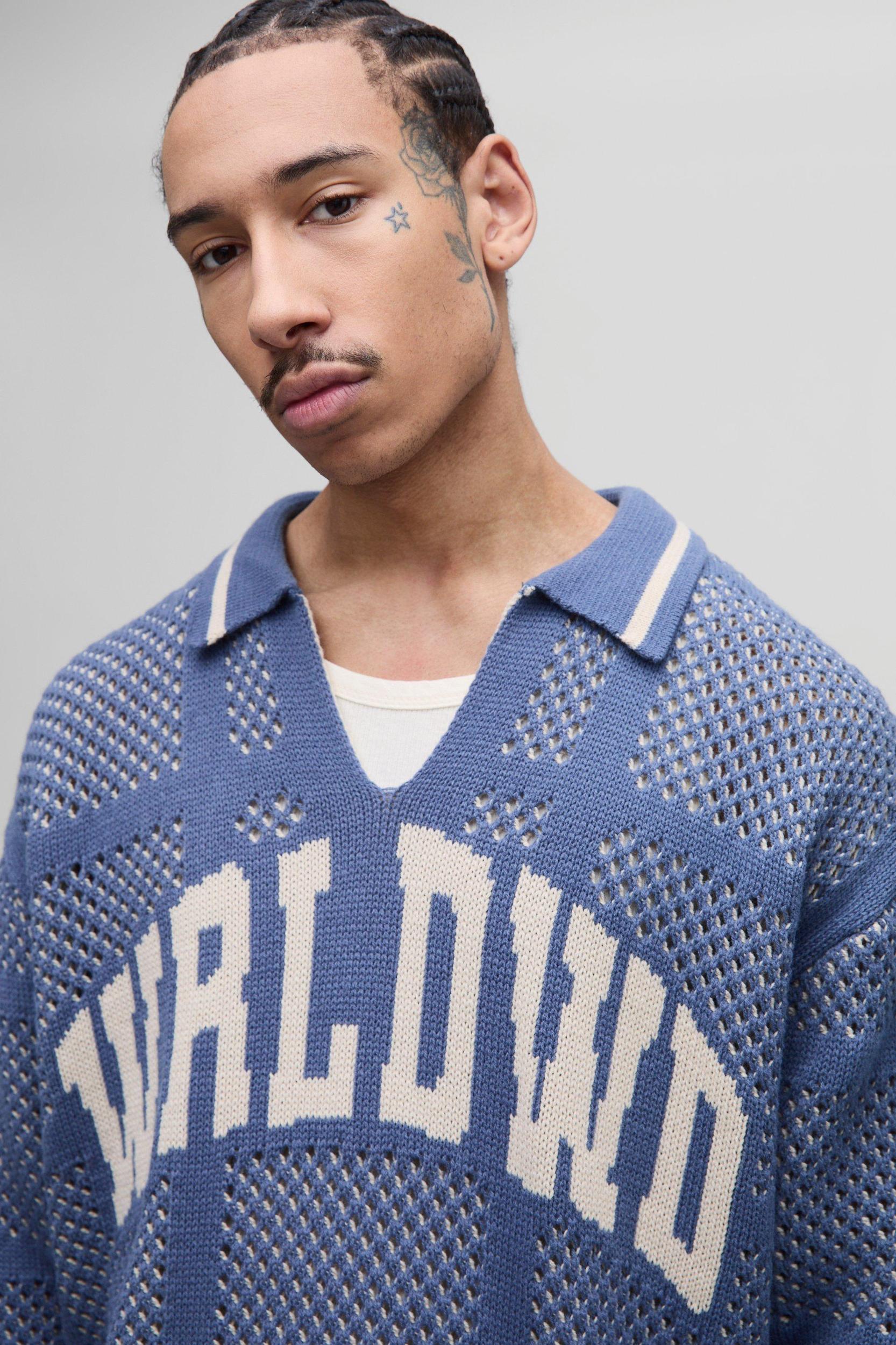 Oversized Crochet Look Rugby Knitted Polo Sweater | boohooMAN USA Product Image