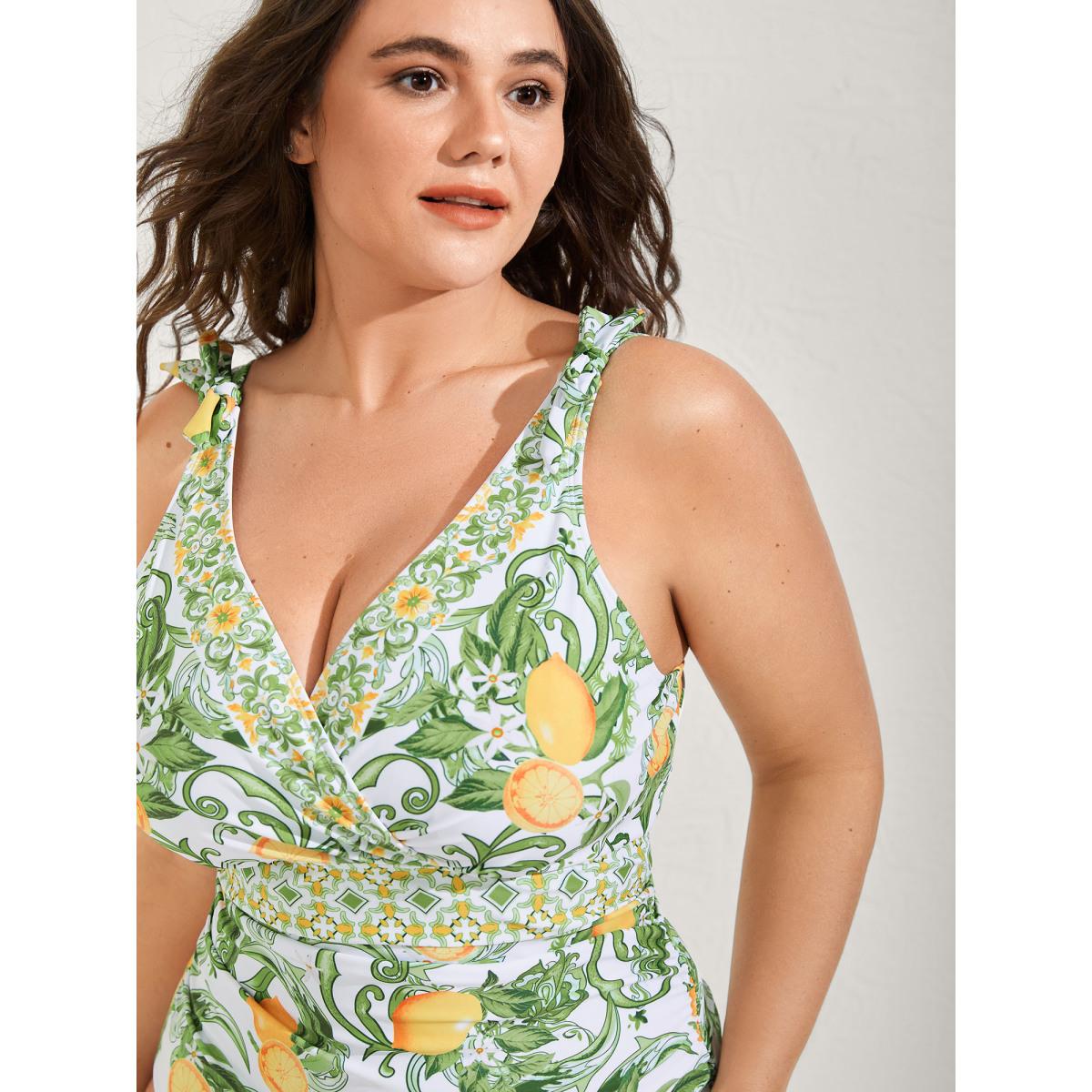 Plus Size Two-Piece Citrus Print Sarong Swimsuit Women's Swimwear Truegreen Resort Tie knot Curve Bathing Suits High stretch One Pieces BloomChic 12/L Product Image