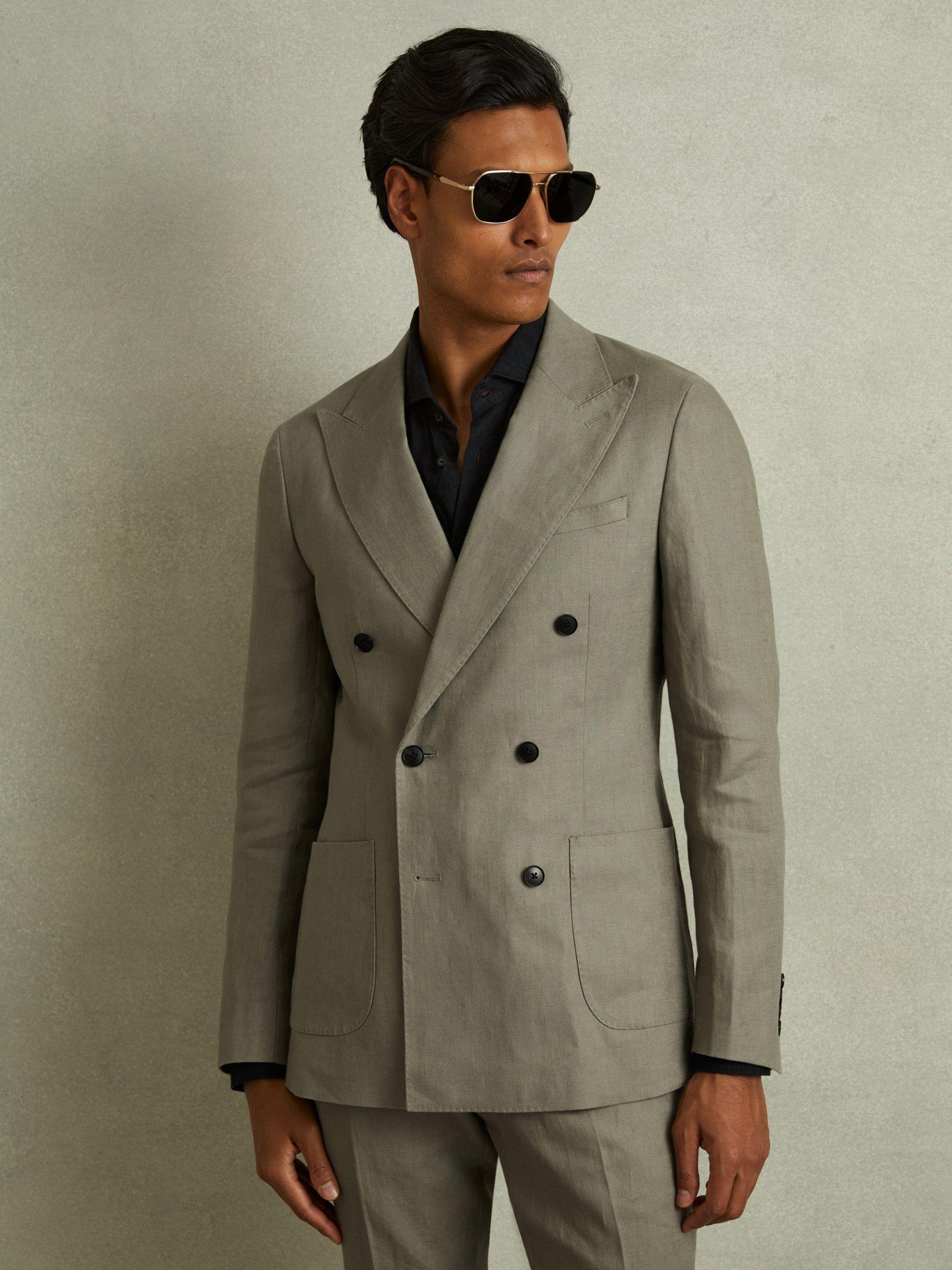 Linen Double Breasted Blazer in Light Sage Green Product Image