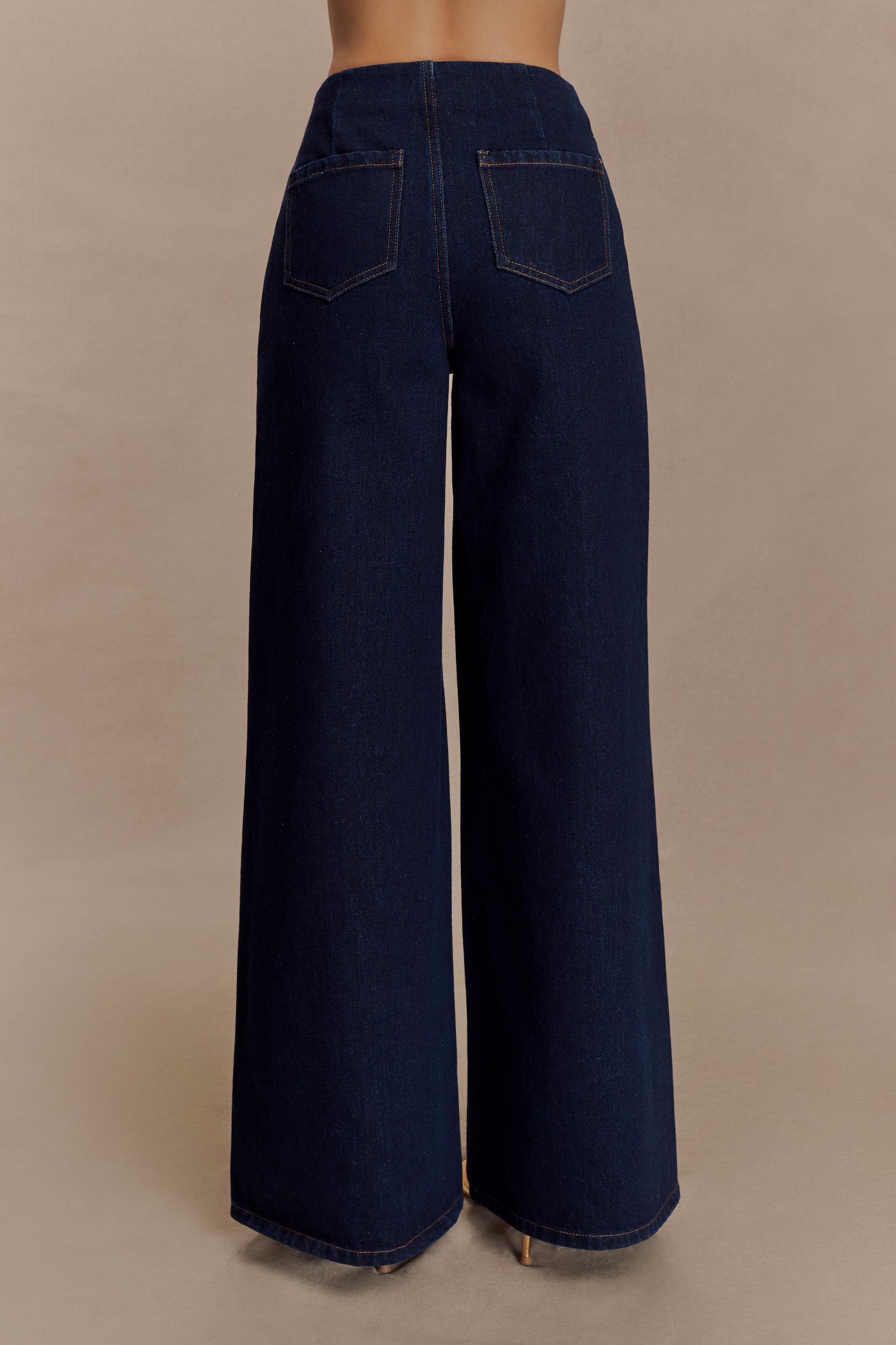 Miranda Faux Suede Belted Denim Wide Leg Jeans - Indigo Blue Product Image