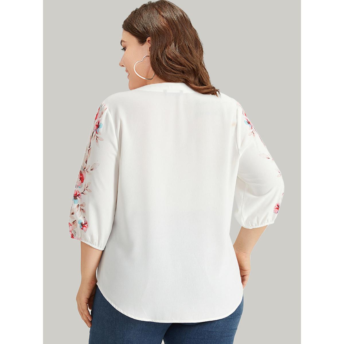 Plus Size White Floral Print Button Detail Notched Lantern Sleeve Blouse Women Elegant Half Sleeve Notched collar Dailywear Blouses BloomChic 22-24/3X Product Image
