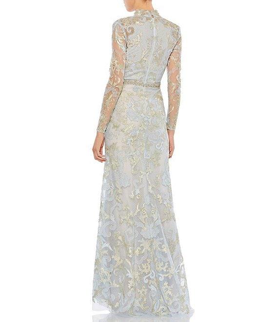 Mac Duggal Sheer Long Sleeve Deep V-Neck Applique A-Line Gown Product Image