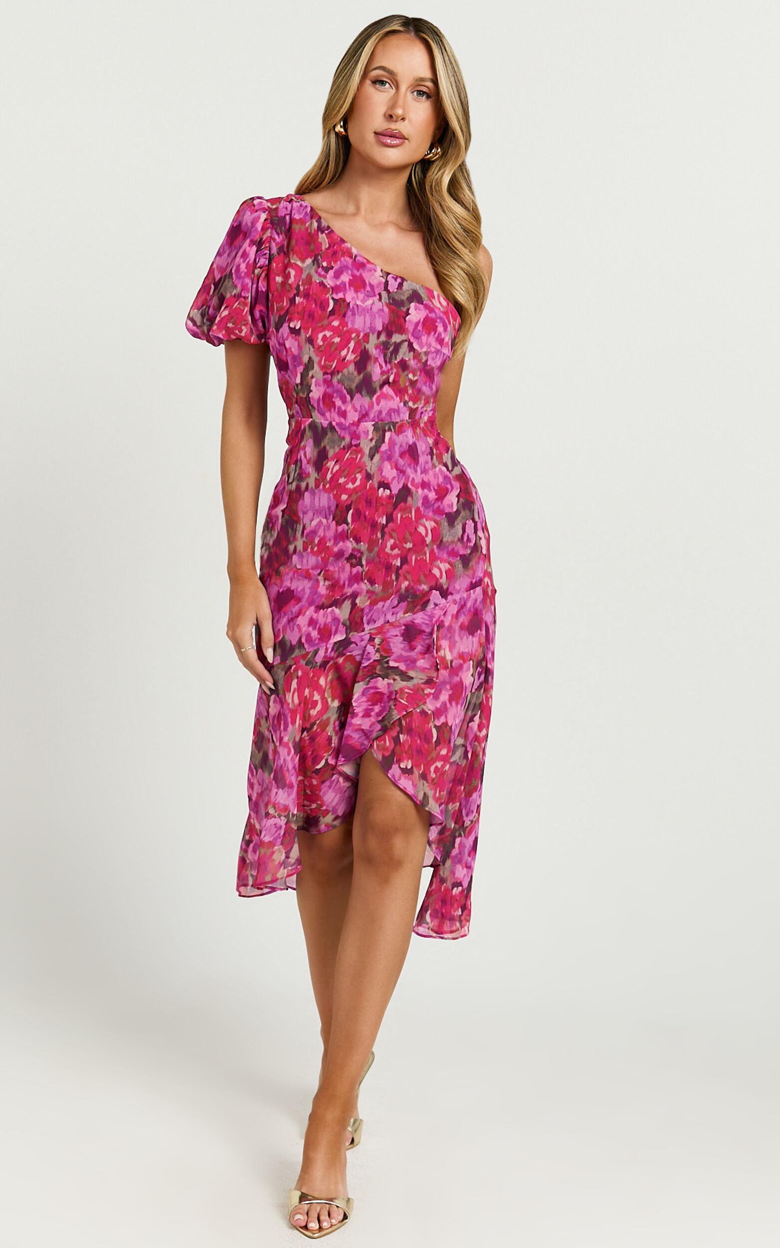Clabelle Midi Dress - One Shoulder Ruffle Tulip Hem Dress in Violette Blur Floral Product Image