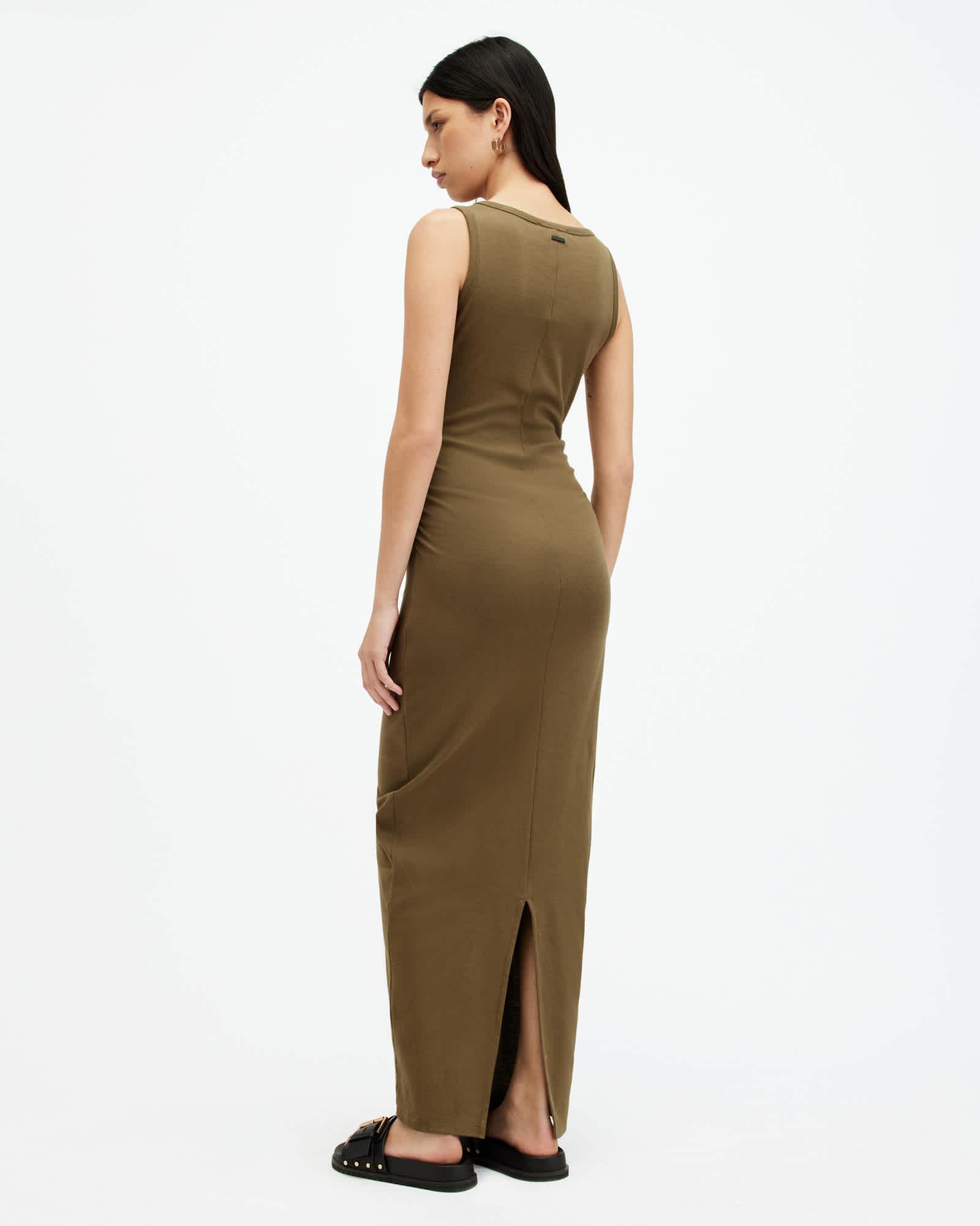 Katarina Boat Neck Bodycon Fit Maxi Dress Olive Green | ALLSAINTS US Product Image