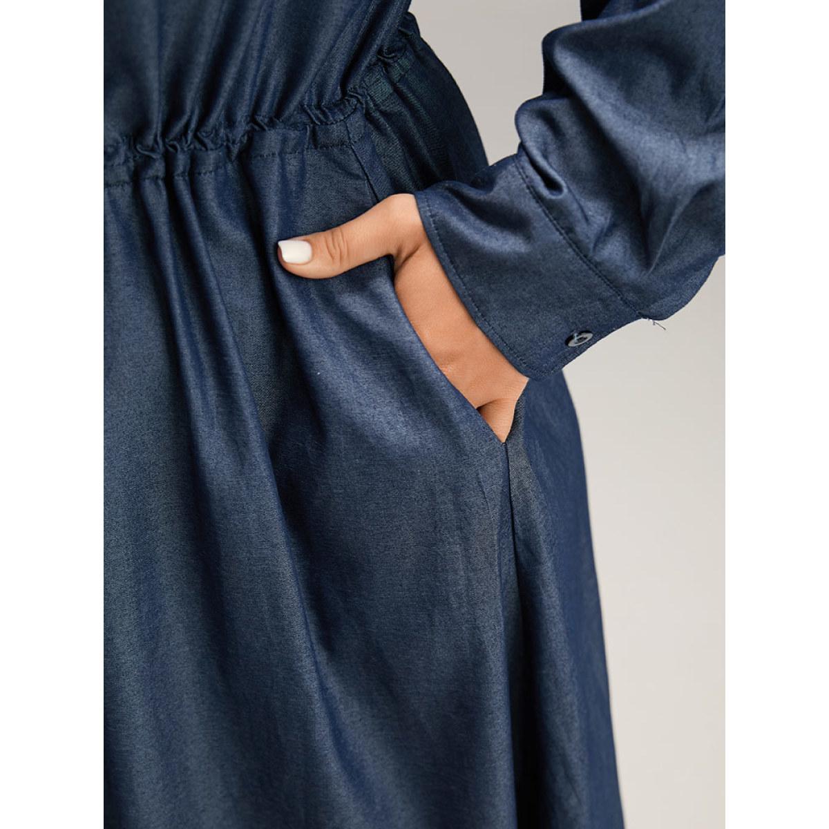 Plus Size Denim Half Zip Drawstring Elastic Waist Dress Indigo Women Casual Plain Notched collar Long Sleeve Curvy Midi Dress BloomChic 14-16/1X Product Image