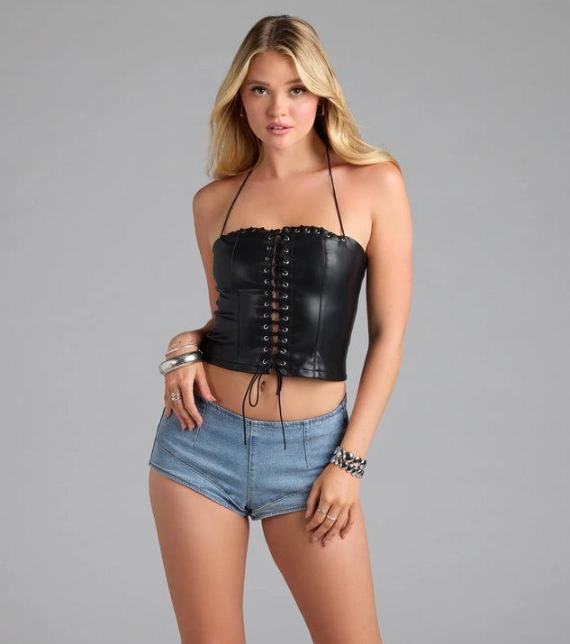 Edgy Demure Lace-Up Halter Crop Top Product Image