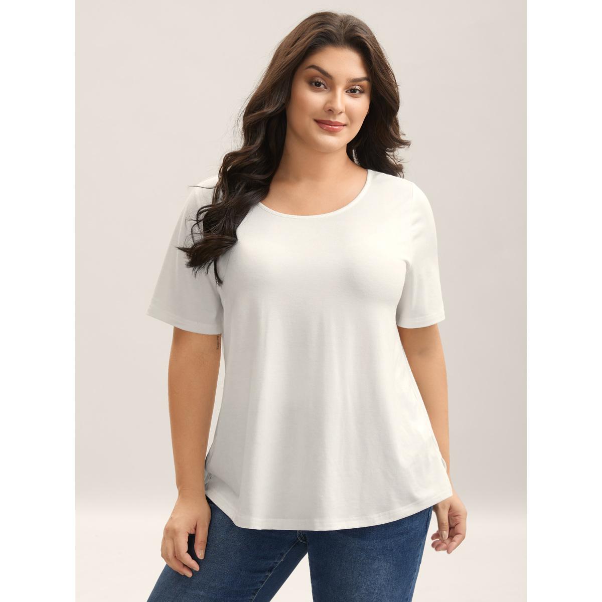 Plus Size Lace Trim Backless Plain T-Shirt Originalwhite Women Woven ribbon&lace trim Round Neck Everyday-Casual T-shirts BloomChic 26/4X Product Image