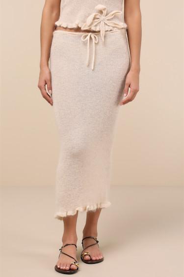 Mimi Cream Semi-Sheer Knit Drawstring Midi Skirt Product Image