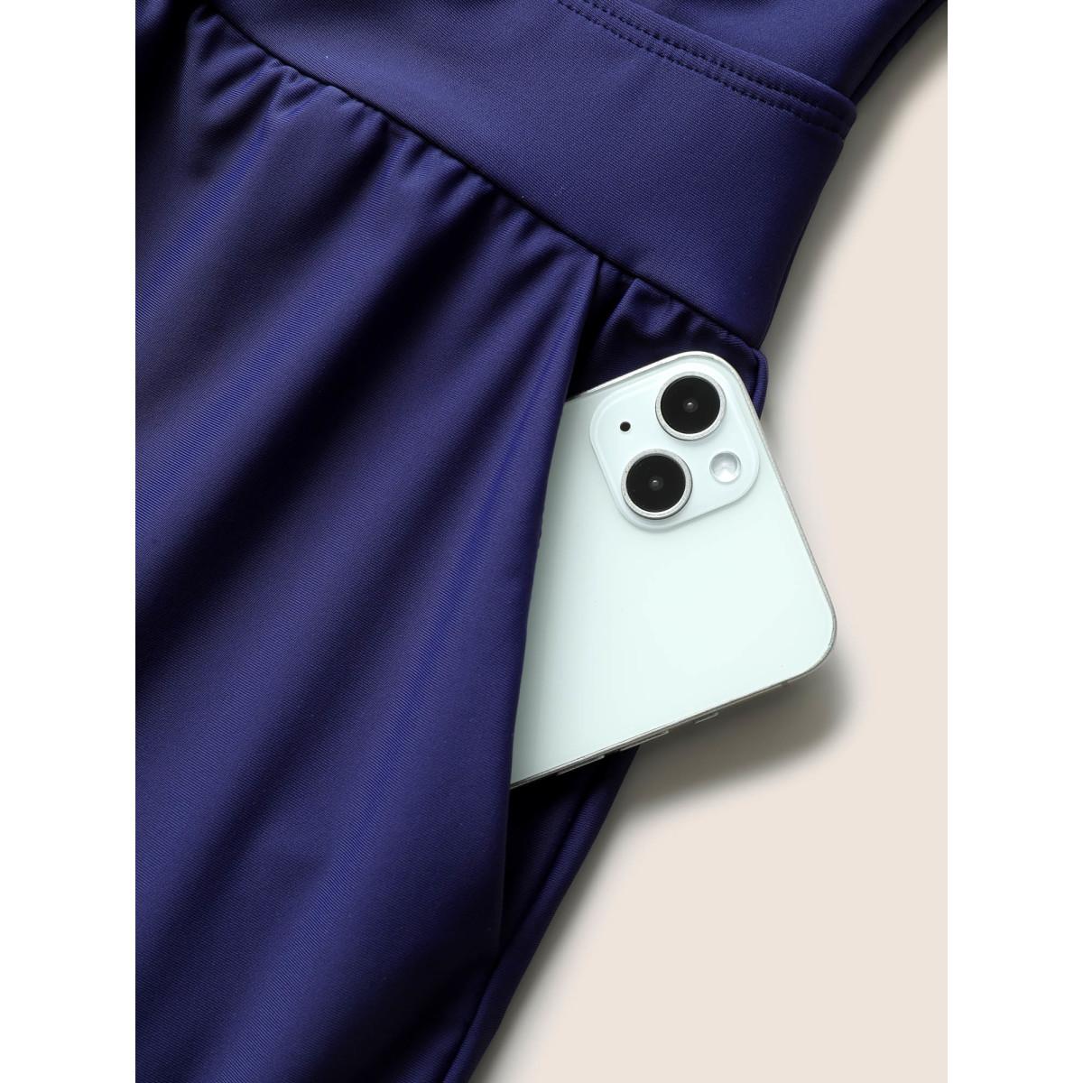 Plus Size Plain Bowknot Pocket Gathered One Piece Swimsuit Women's Swimwear Indigo Beach Non Curve Bathing Suits High stretch One Pieces BloomChic 30/6X Product Image