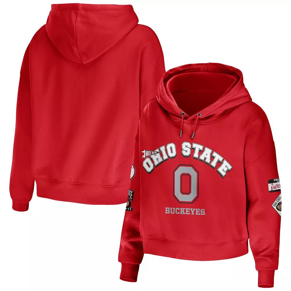 Women's WEAR by Erin Andrews Scarlet Ohio State Buckeyes Mixed Media Cropped Pullover Hoodie, Size: 2XL, Red Product Image