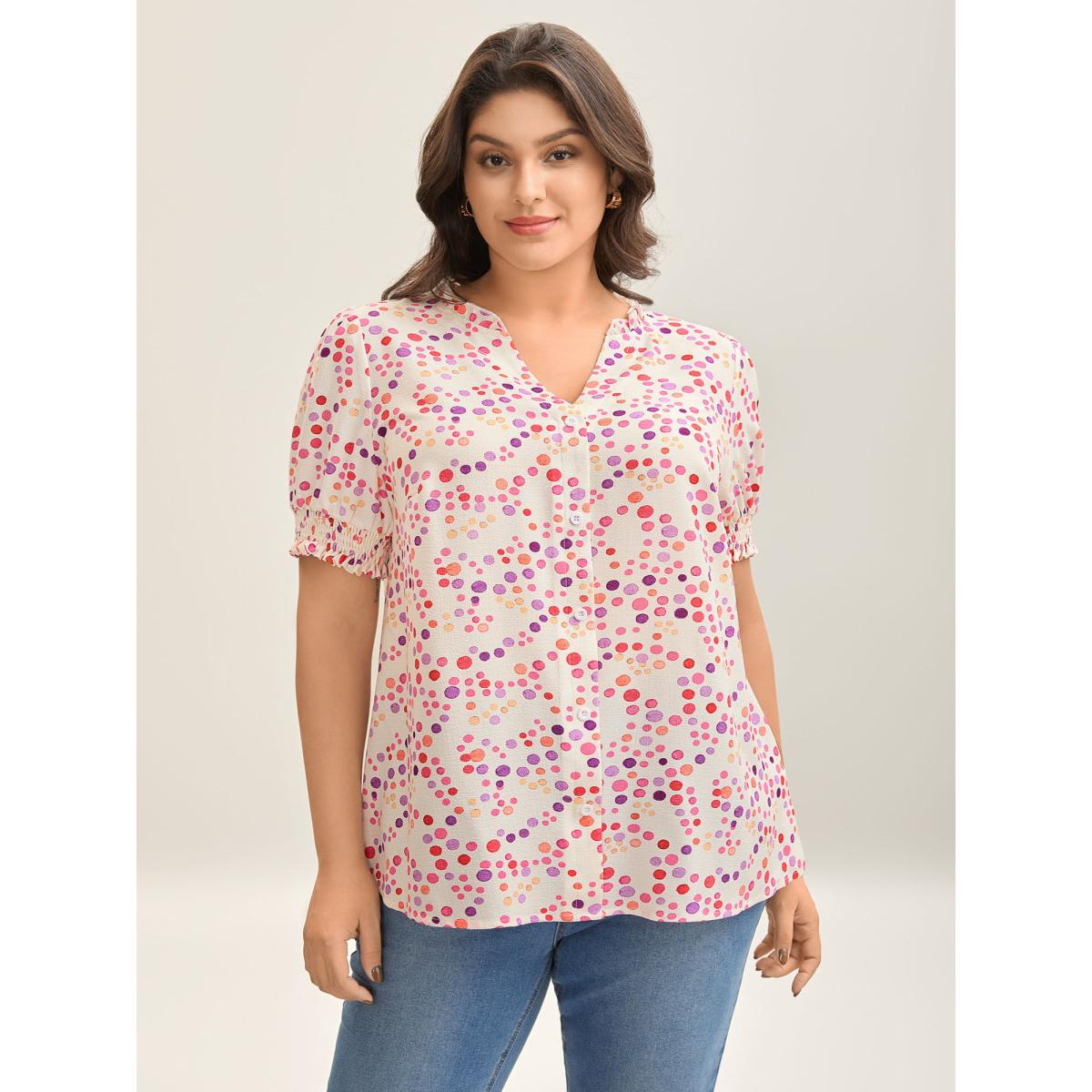 Plus Size Ivory Pretty Polka Dots Shirred Sleeve Shirt Women Short sleeve Notched collar Elegant Blouses BloomChic 14-16/1X Product Image
