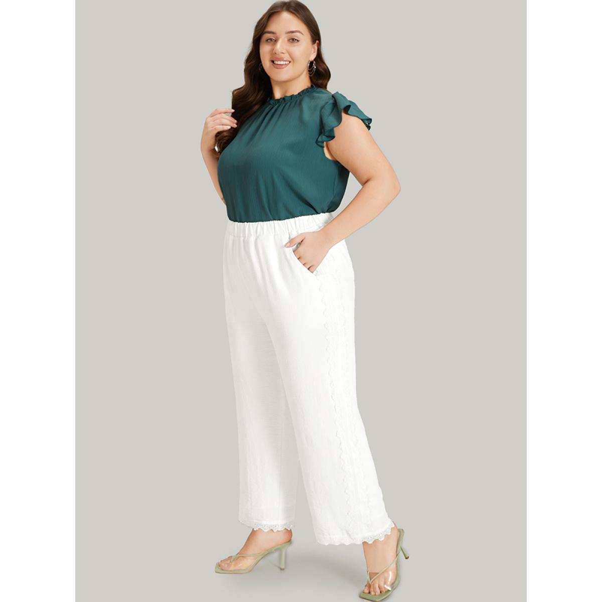 Plus Size Solid Pocket Lace Patchwork Elastic Waist Pants Women White Elegant Straight Leg High Rise Dailywear Pants BloomChic 14-16/1X Product Image
