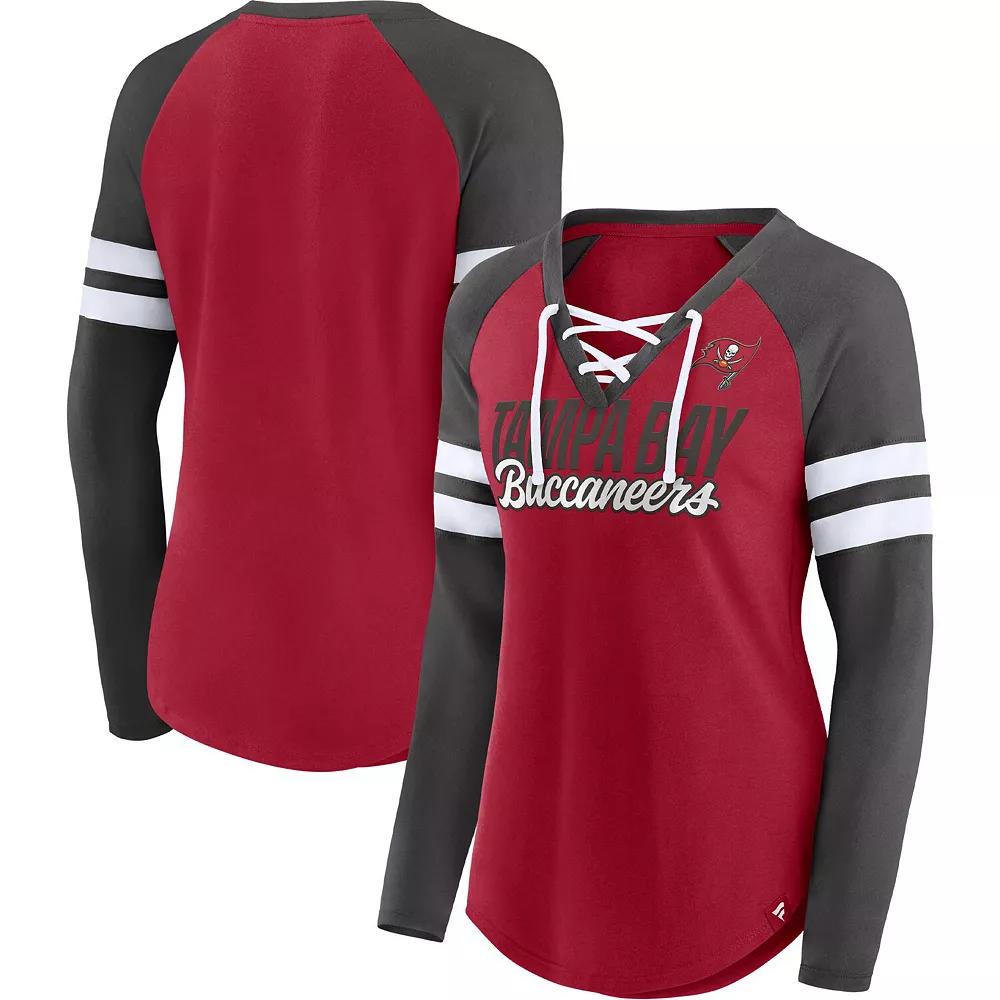 Women's Fanatics Branded Red/Pewter Tampa Bay Buccaneers True to Form Raglan Lace-Up V-Neck Long Sleeve T-Shirt, Size: 3XL Product Image