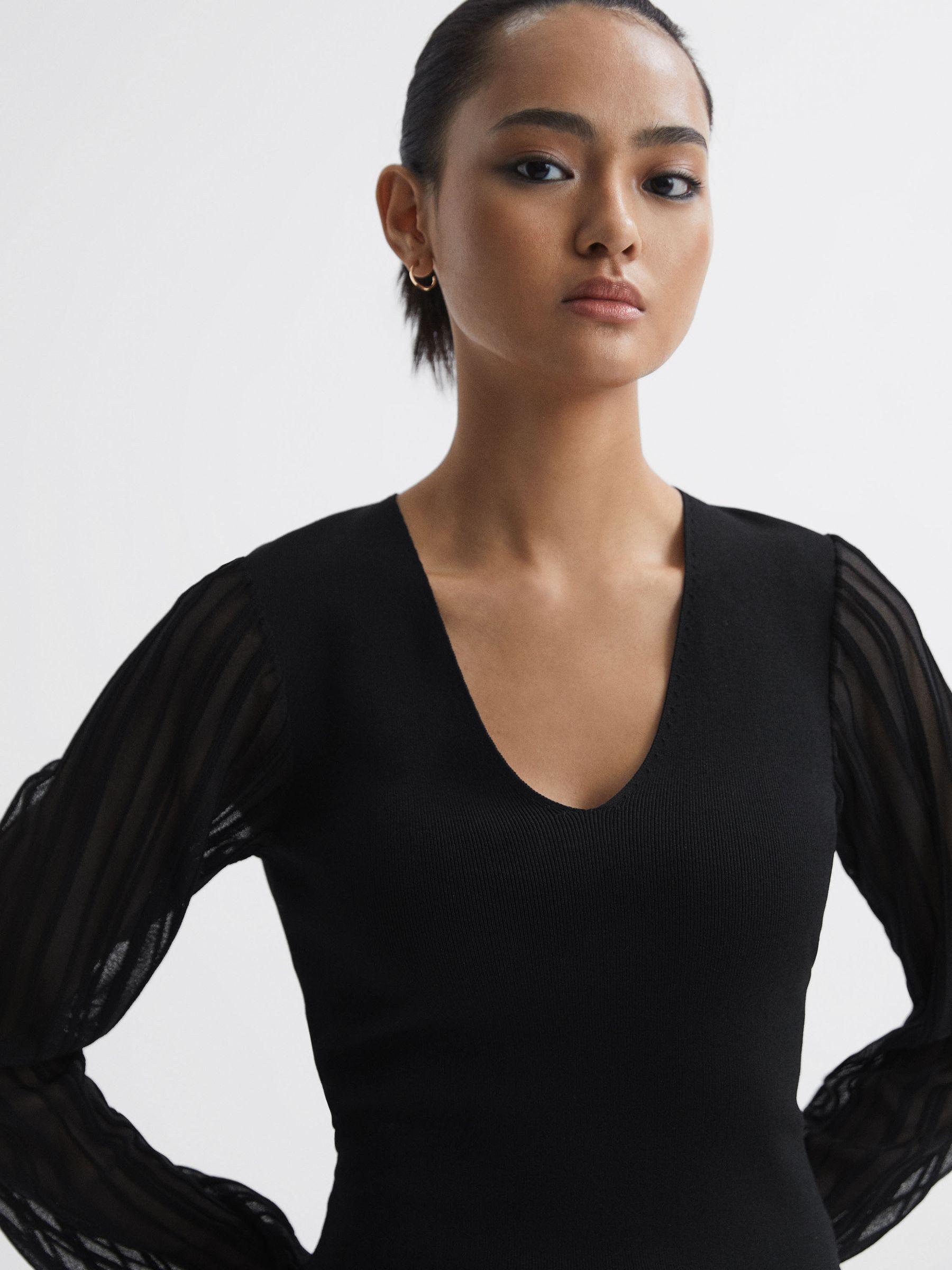 Sheer Sleeve V-Neck Top in Black Product Image