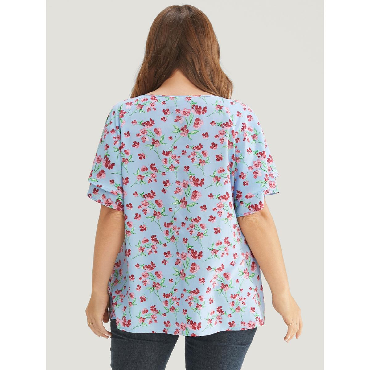 Plus Size LightBlue Ditsy Floral Keyhole Knot Neck Tiered Sleeve Blouse Women Elegant Short sleeve Round Neck Dailywear Blouses BloomChic 12/L Product Image