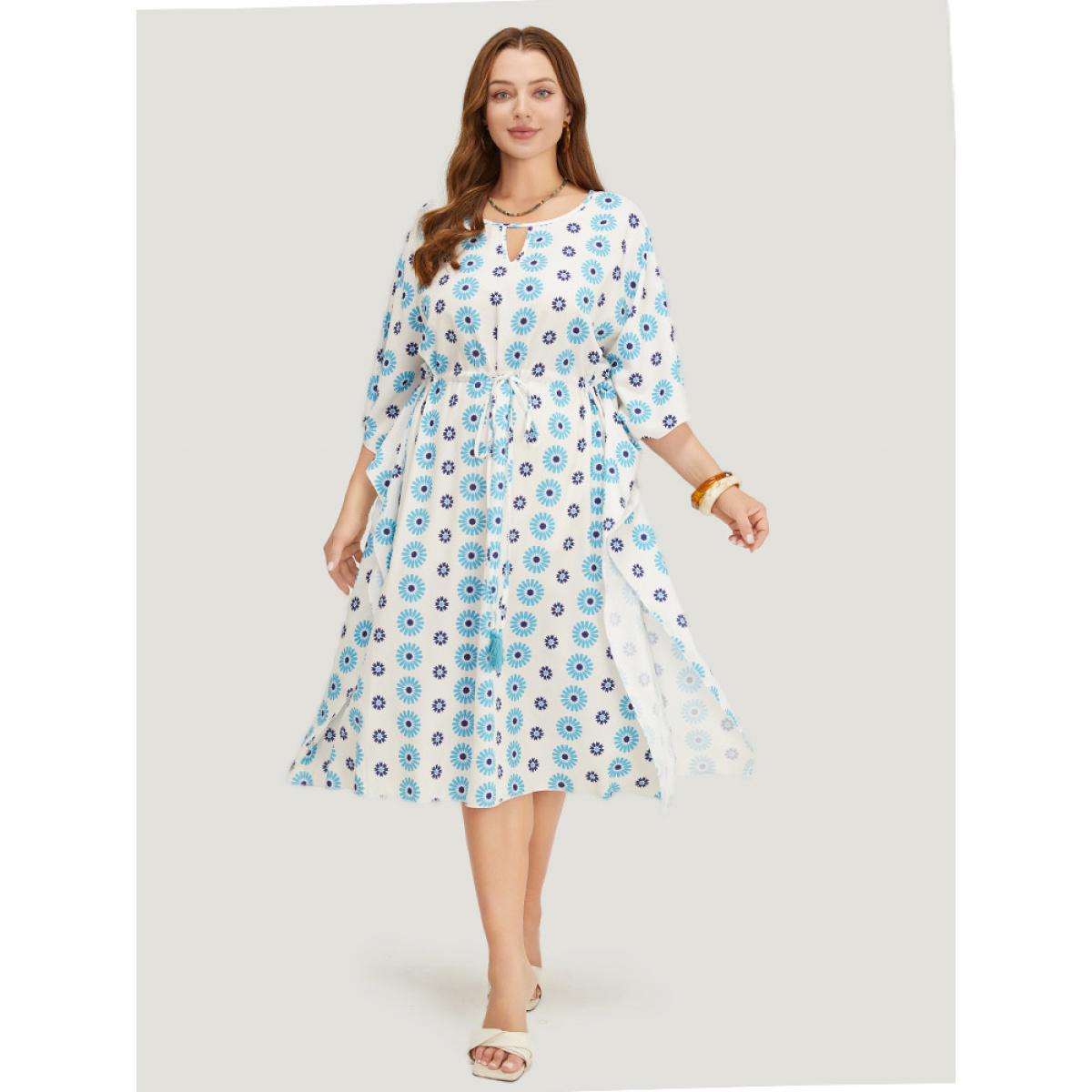 Plus Size Floral Batwing Sleeve Keyhole Knotted Neck Split Dress Cerulean Women Vacation Round Neck Half Sleeve Curvy Midi Dress BloomChic 10/M Product Image