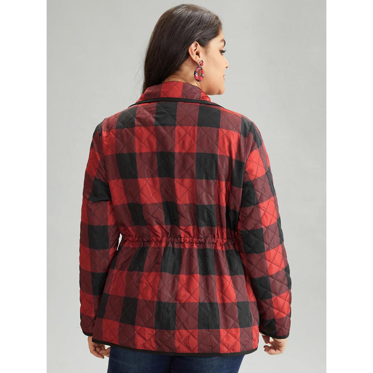Plus Size Plaid Contrast Trim Drawstring Button Through Coat Women Red Casual Lined Ladies Dailywear Winter Coats BloomChic 10/M Product Image
