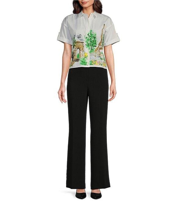 KARL LAGERFELD PARIS Poplin Point Collar Short Sleeve Graphic Button Front Top Product Image