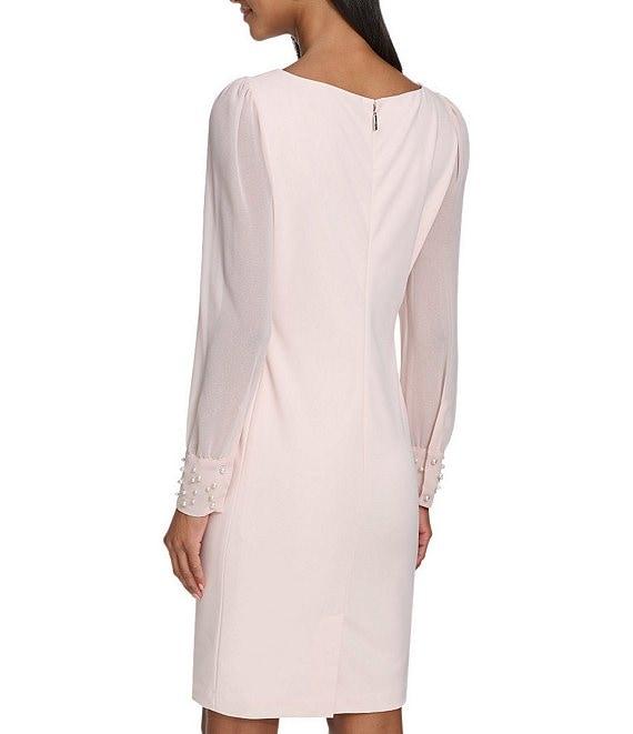 KARL LAGERFELD PARIS Scuba Crepe Crew Neck Chiffon Long Sleeve Pearl Cuff Sheath Mini Dress Product Image