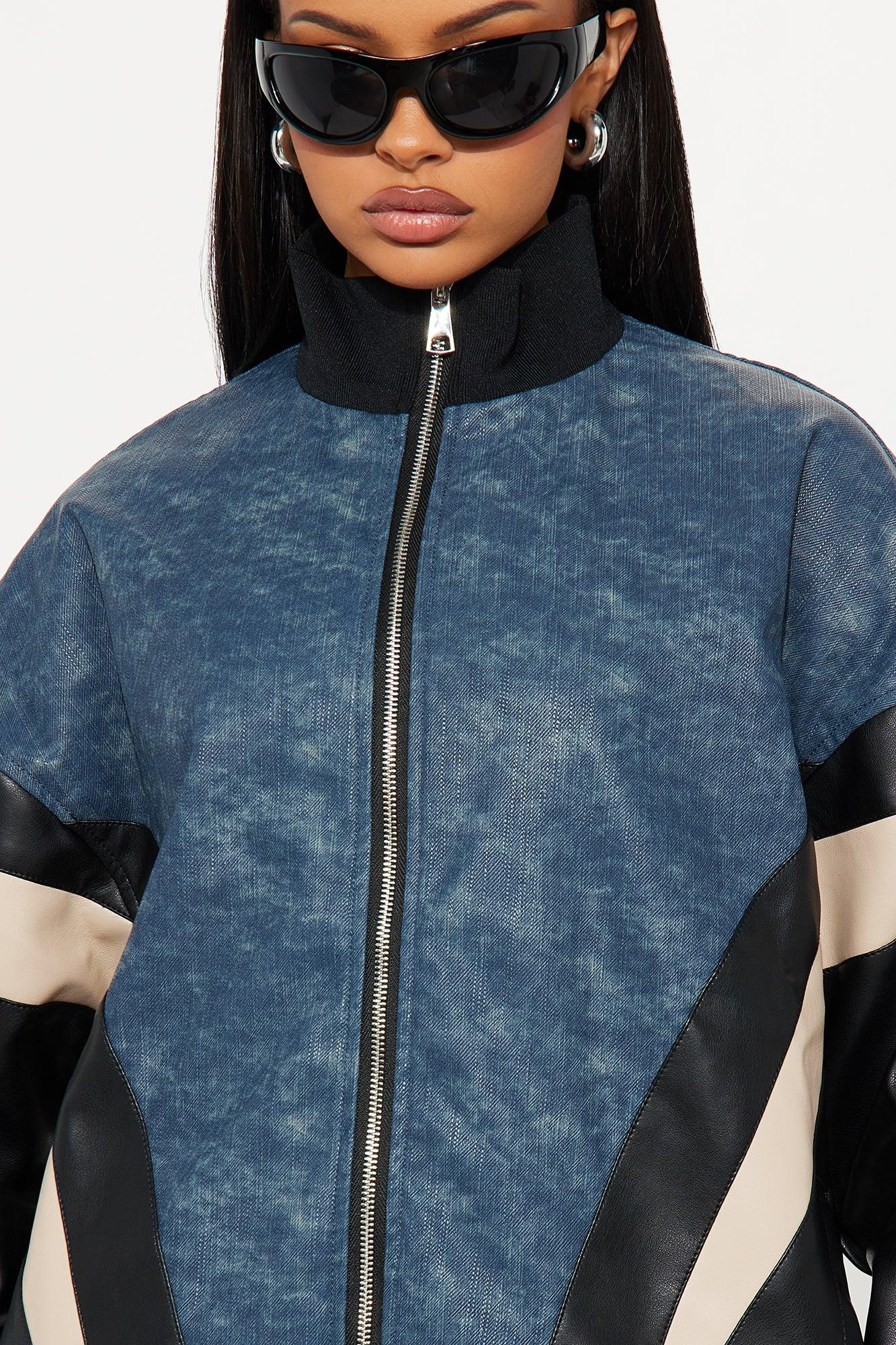 Jaded Oversized Faux Leather Bomber Jacket - Navy/combo Female Product Image