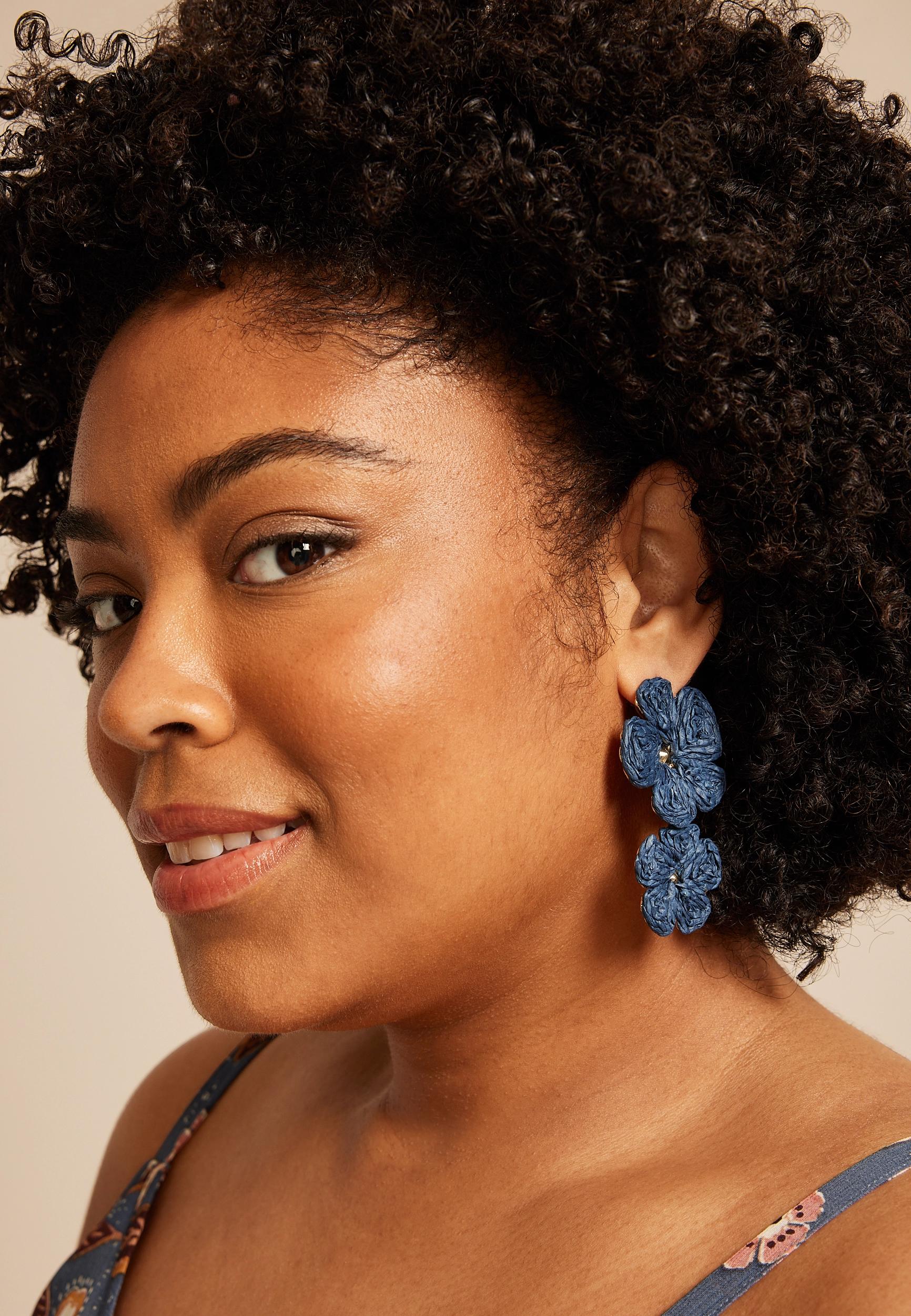 Navy Floral Raffia Drop Earrings Product Image