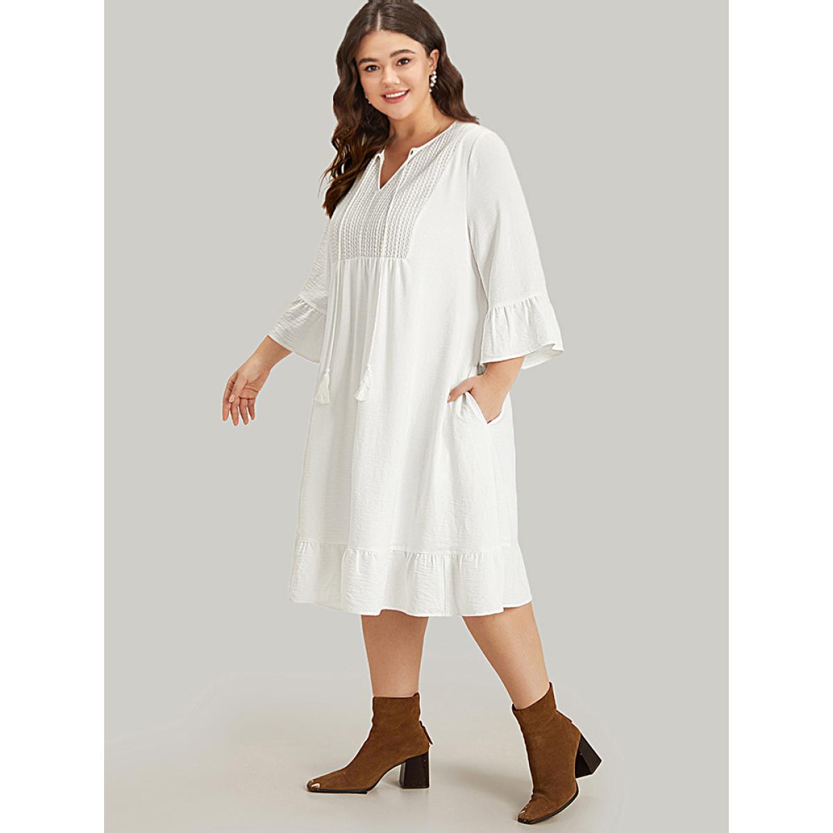 Plus Size Solid Pocket Ties Tassels Bell Sleeve Dress White Women Vacation Texture V-neck Elbow-length sleeve Curvy Midi Dress BloomChic 26/4X Product Image