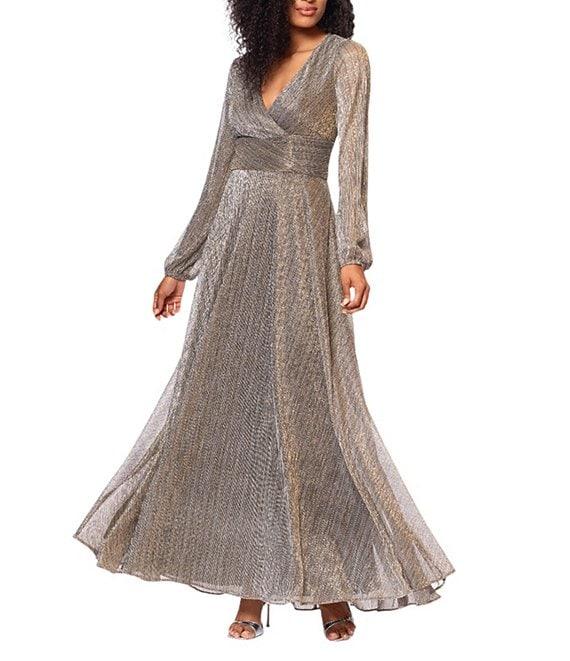 Betsy & Adam Metallic Crinkle V-Neck Long Sleeve Wrap Bodice Gown Product Image