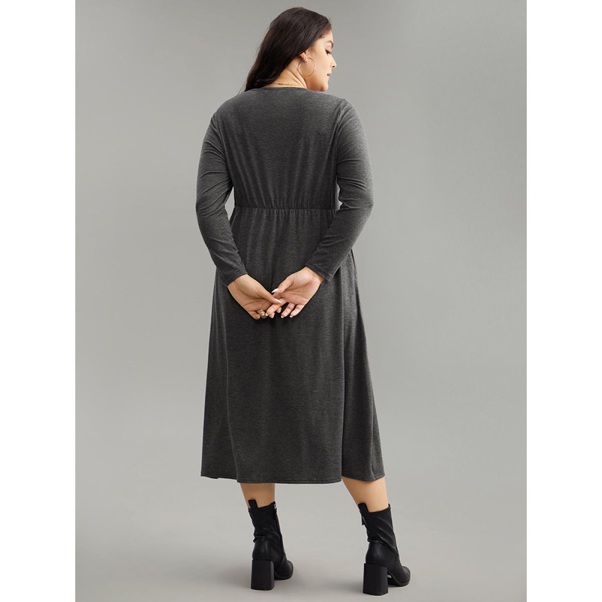 Plus Size Supersoft Solid Button Up Pocket Dress DimGray Women Timeless Non Round Neck Long Sleeve Curvy Midi Dress BloomChic 30/6X Product Image