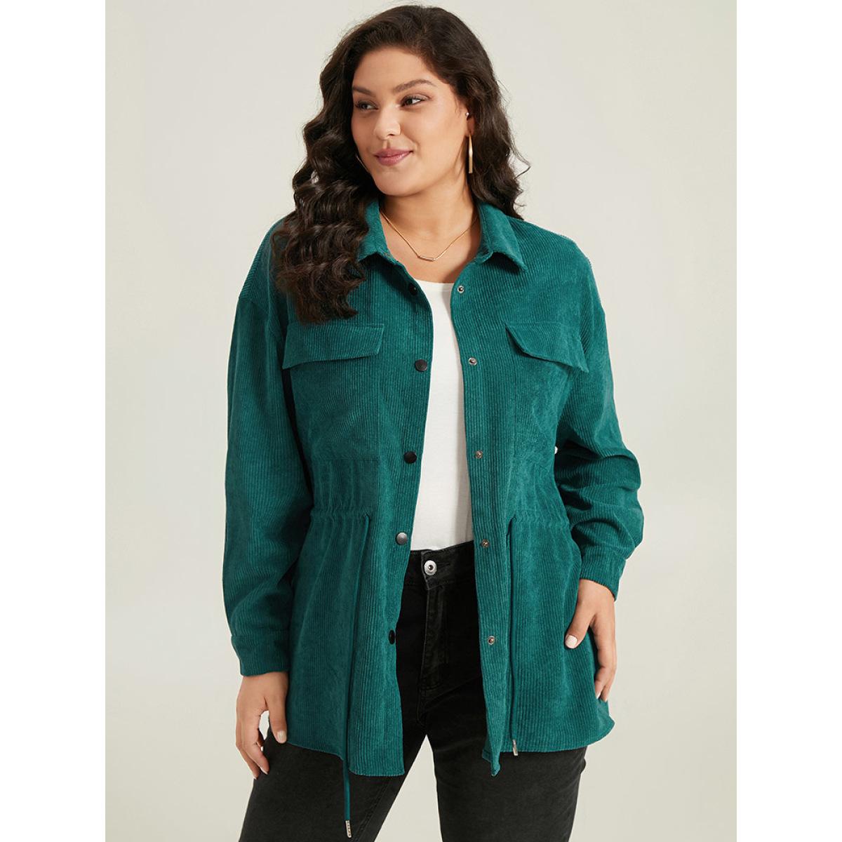 Plus Size Plain Corduroy Pocket Button Up Drawstring Gathered Coat Women Cyan Casual Plain Ladies Dailywear Winter Coats BloomChic 10/M Product Image