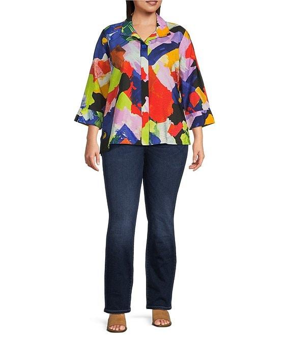 Ali Miles Plus Size Woven Abstract Print Point Collar 3/4 Sleeve Button Front Tunic Product Image