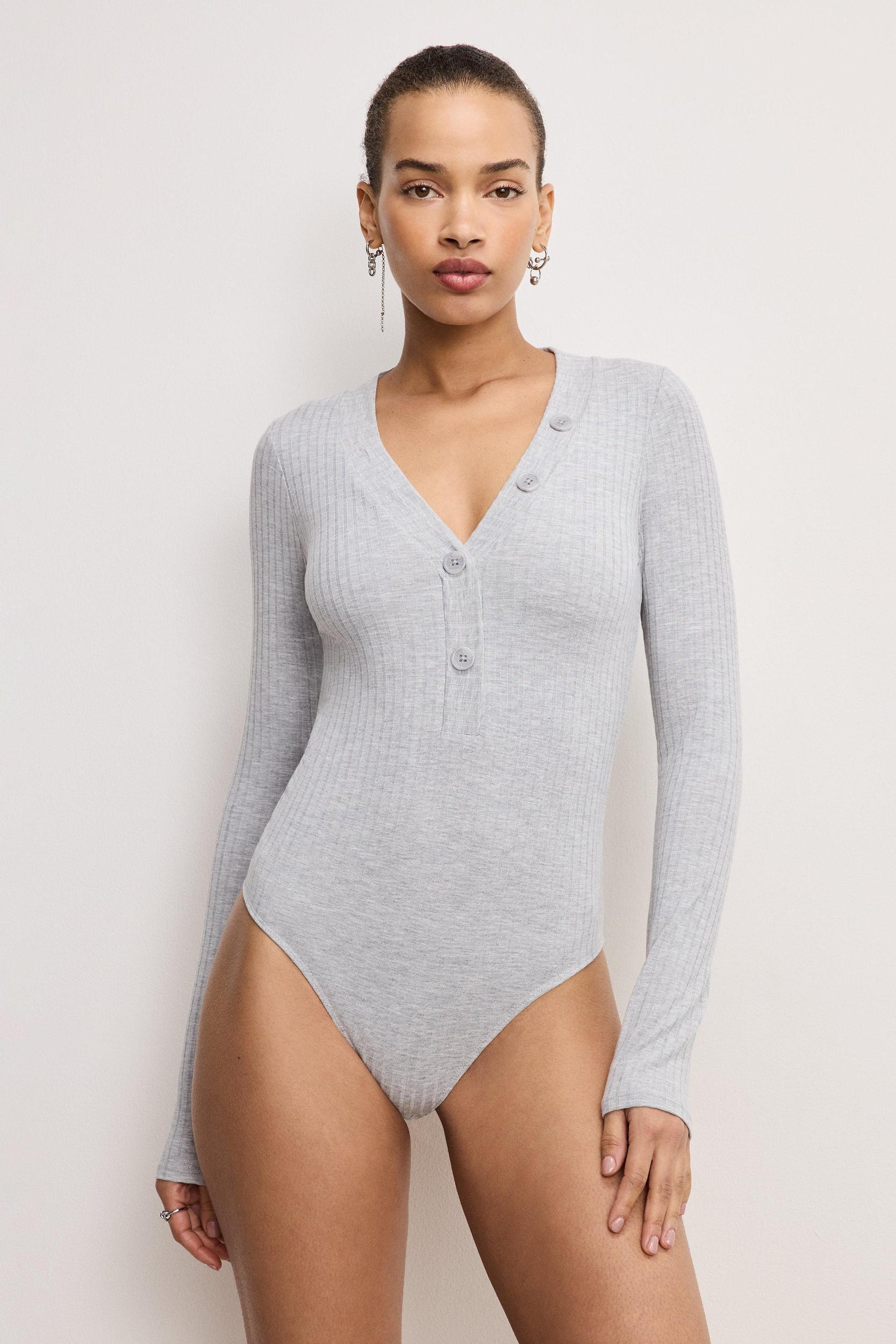 RIBBED HENLEY BODYSUIT | HEATHER GREY001 Product Image