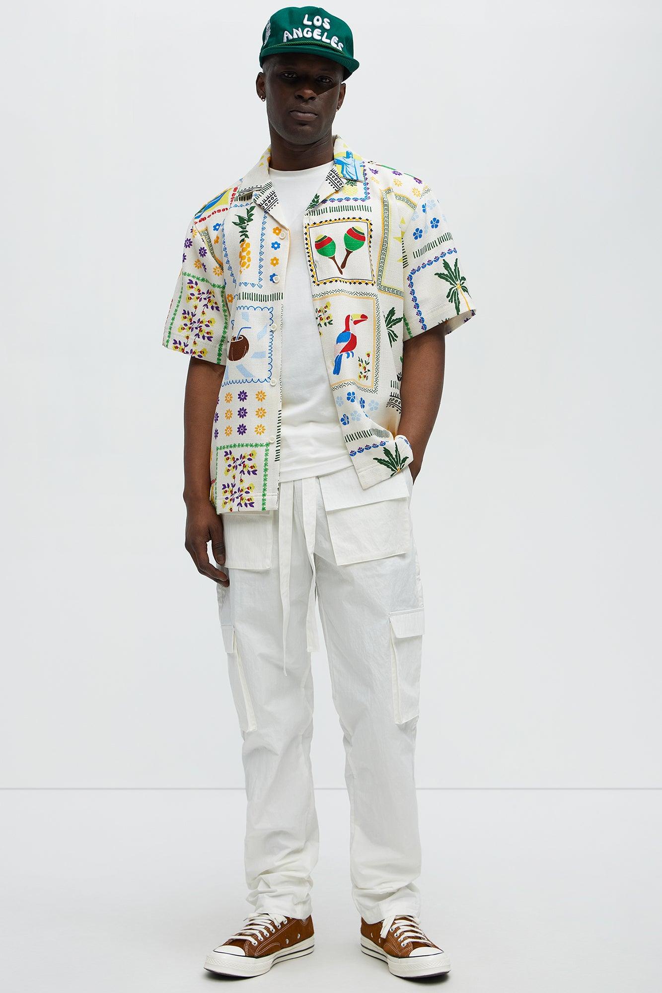 Abstract Linen Like Button Up Shirt - Off White/combo Product Image