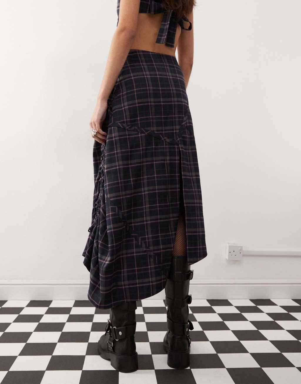 COLLUSION ruched detail cut out midi skirt in multi plaid - part of a set Product Image