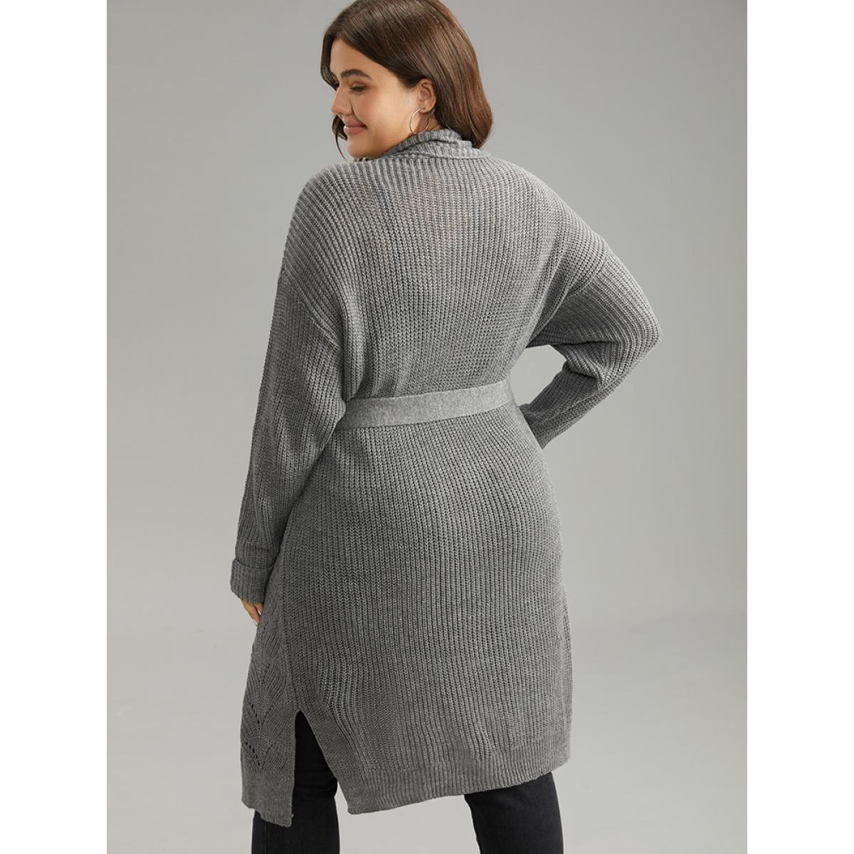 Plus Size Plain Split Hem Ties Texture Cardigan Gray Women Casual Loose Long Sleeve Dailywear Cardigans BloomChic 26/4X Product Image