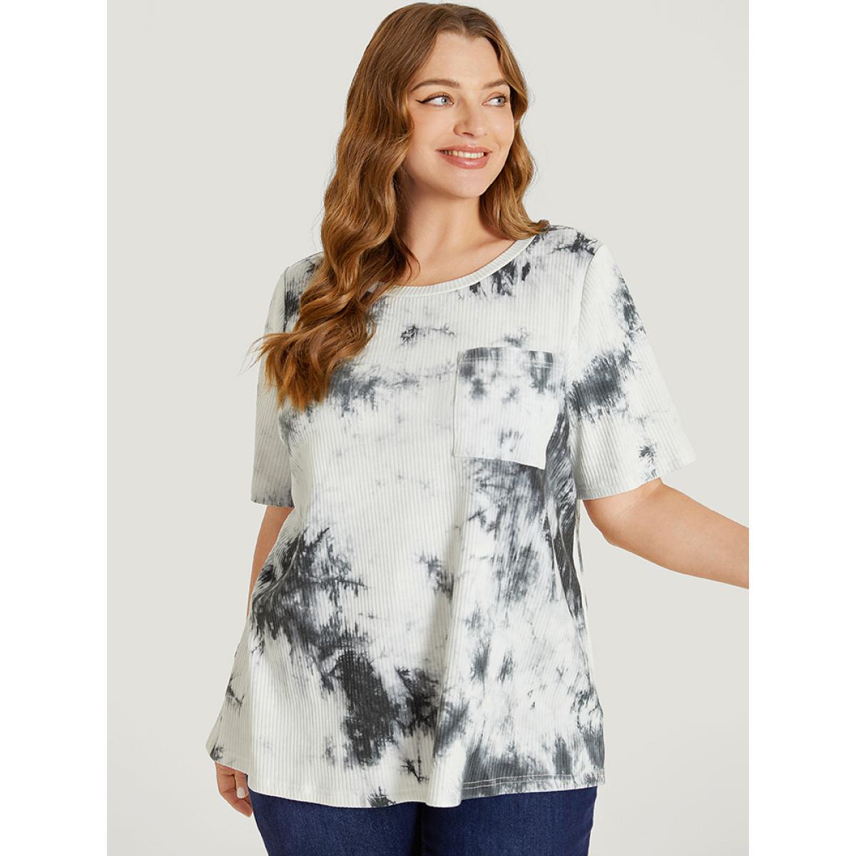 Plus Size Tie Dye Pocket Rib Knit T-shirt Gray Women Casual Tie Dye Round Neck Dailywear T-shirts BloomChic 18-20/2X Product Image