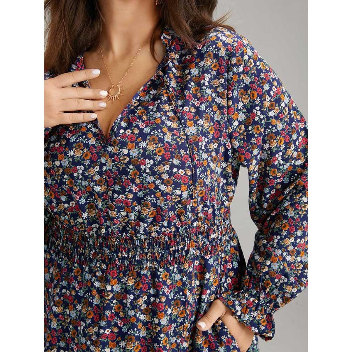 Plus Size Ditsy Floral Shirred Frill Trim Ties Dress DarkBlue Women Elegant Elastic cuffs V-neck Long Sleeve Curvy Midi Dress BloomChic 22-24/3X Product Image