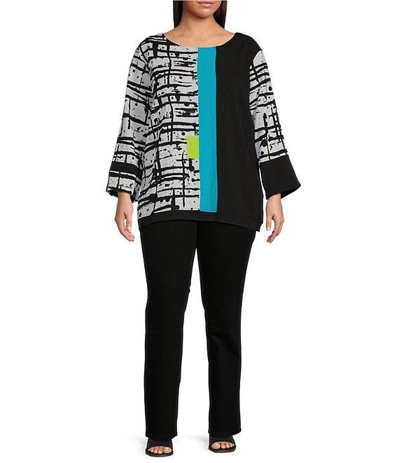 Ali Miles Plus Size Mixed-Media Abstract Printed Round Neck 3/4 Sleeve Top Product Image