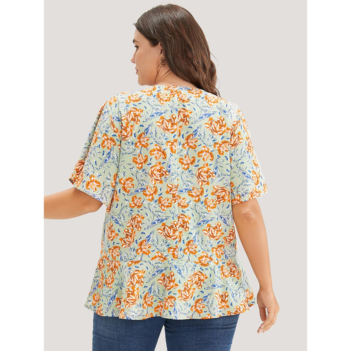 Plus Size Mint Floral Ruffle Sleeve Lace Up V Neck Blouse Women Elegant Short sleeve V-neck Dailywear Blouses BloomChic 12/L Product Image