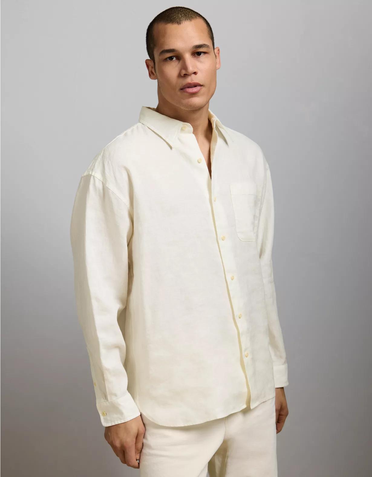 AE77 Premium Relaxed Linen Button-Up Shirt Product Image