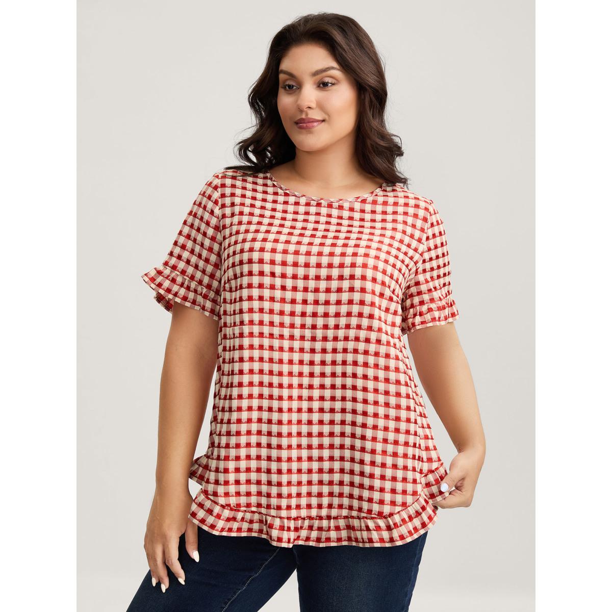 Plus Size Brightred Gingham Print Button Back Blouse Women Short sleeve Round Neck Everyday-Casual Blouses BloomChic 12/L Product Image