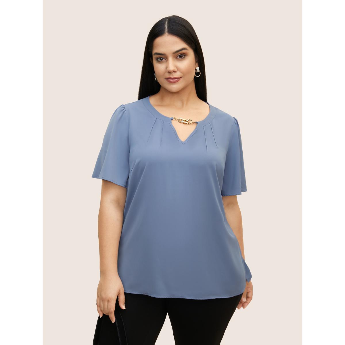 Plus Size Stone Keyhole Metal Chain Detail Ruffle Sleeve Blouse Women Work From Home Short sleeve Round Neck Work Blouses BloomChic 22-24/3X Product Image