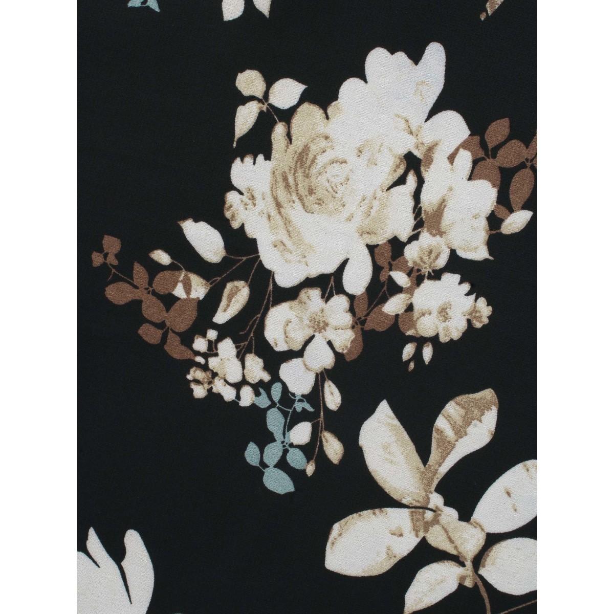 Plus Size Black Floral Chiffon High Low Hem Ruffles Blouse Women Romantic Three Quarter Length Sleeve Round Neck Elegant Blouses BloomChic 12/L Product Image