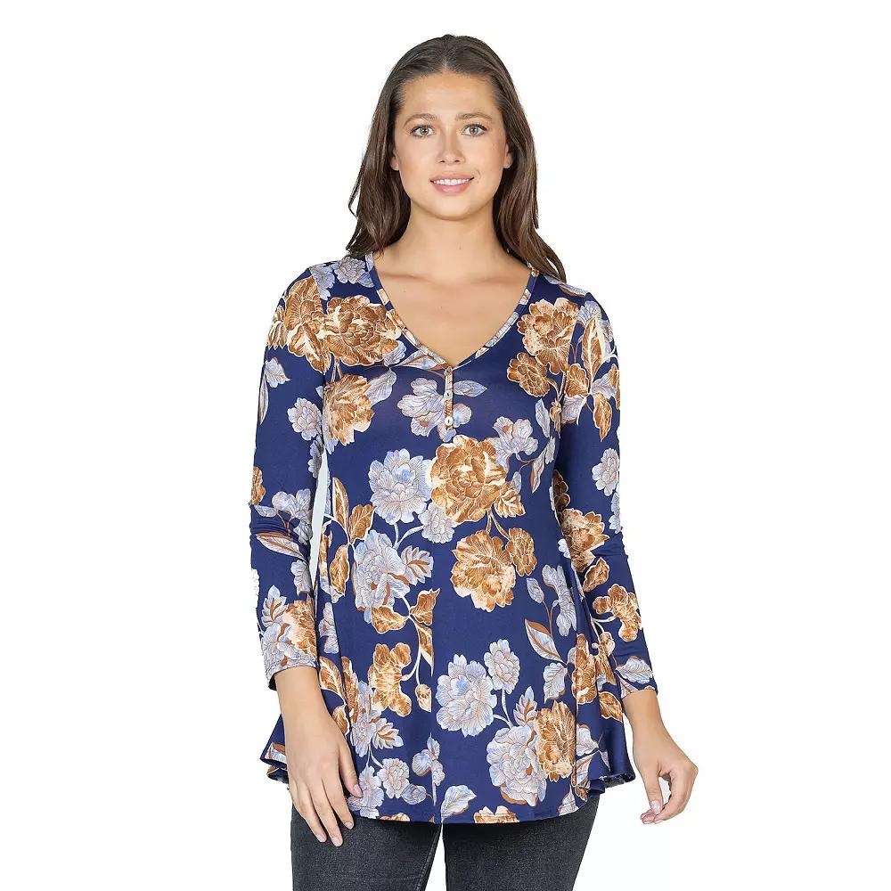 Women's 24Seven Comfort Apparel Floral Long Sleeve V Neck Tunic Top,  Product Image