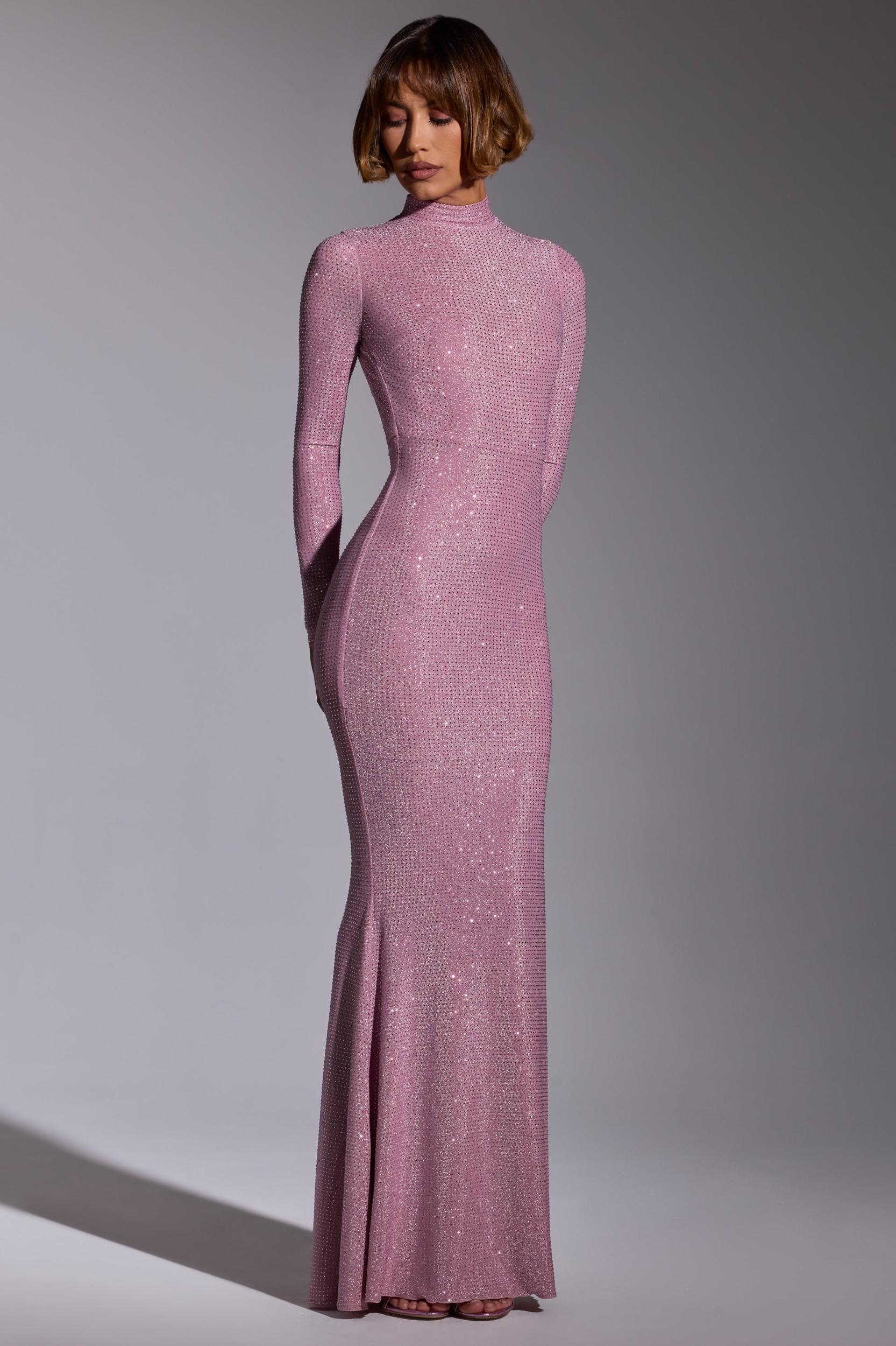 Embellished Long Sleeve Evening Gown in Light Pink Product Image
