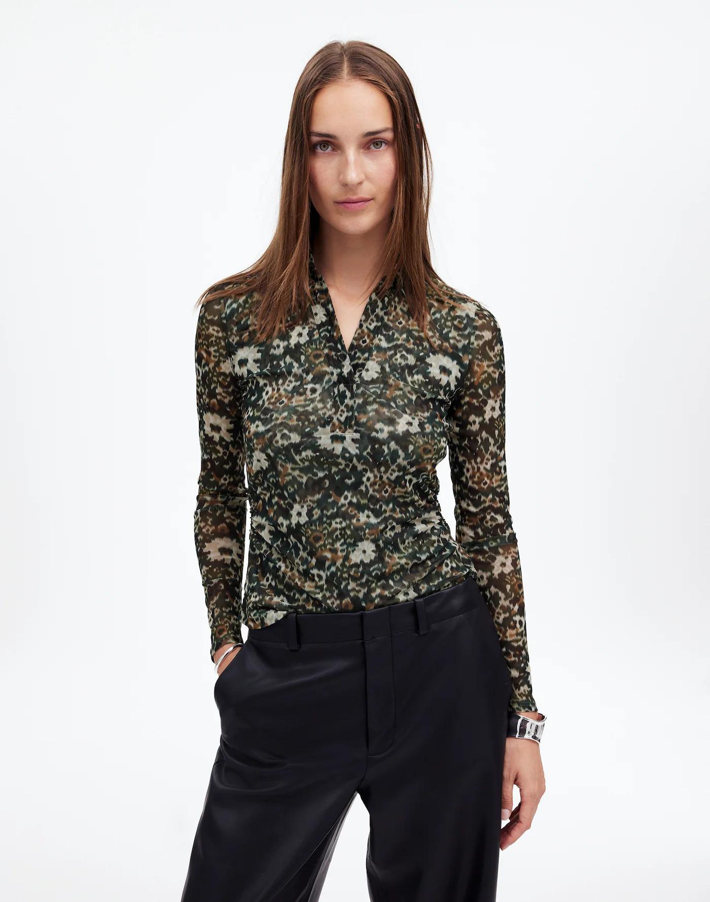 Long-Sleeve Polo Top in Floral Mesh Product Image