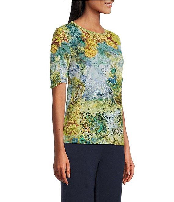 Investments Petite Size Knit Vintage Tapestry Elbow Length Sleeve Crew Neck Top Product Image