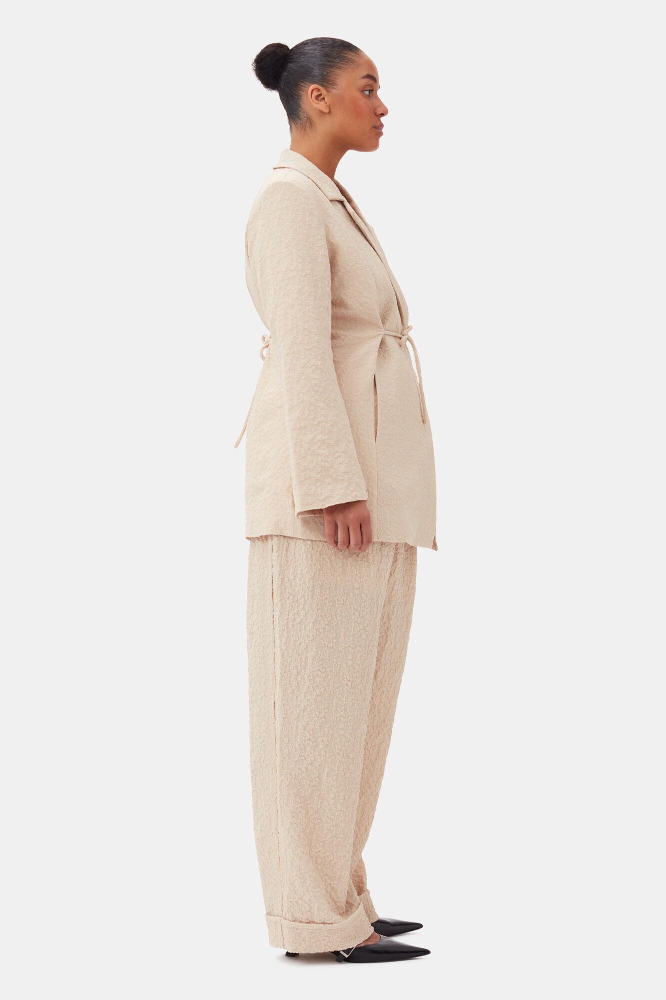 Beige Textured Suiting Mid Waist Pants Product Image